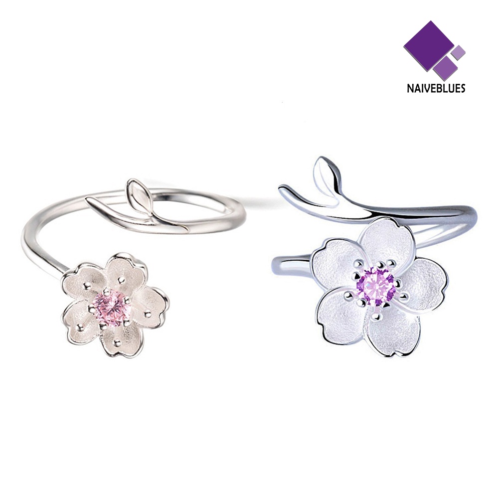 Cincin Wanita Model Terbuka Bahan 925 Sterling Silver Plated Desain Cherry Sakura Untuk Hadiah Ulang Tahun