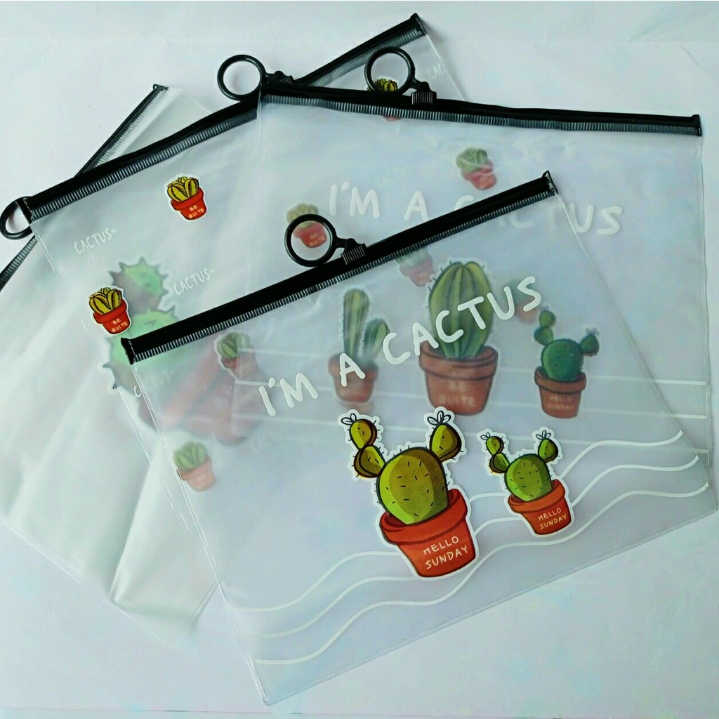 

map plastik/kotak pensil transparan/file organizer A5 motif kaktus