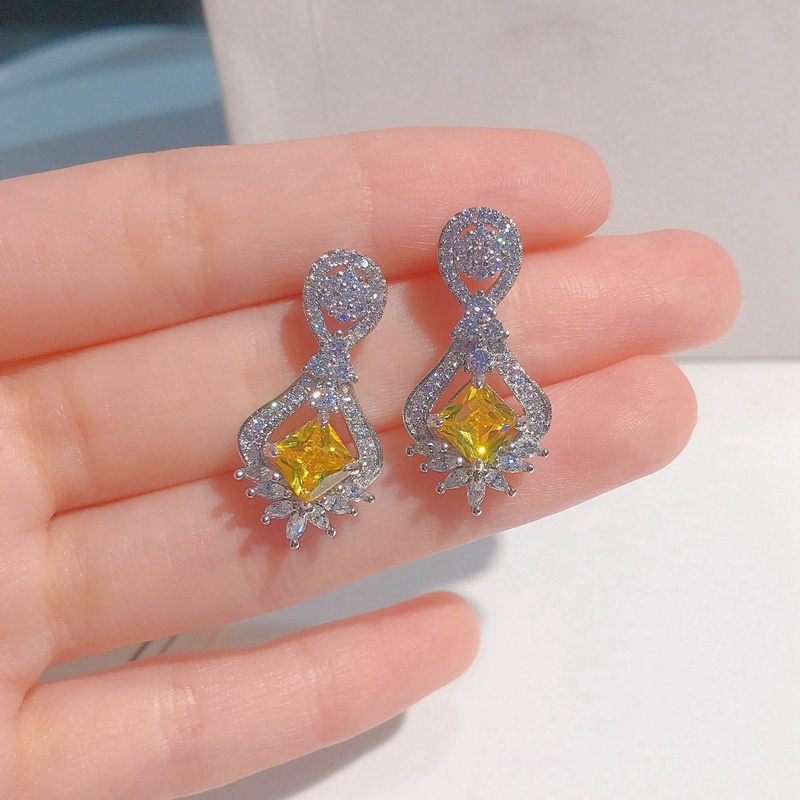 Fancyqube Anting Silver 925 Hias Kristal Zircon Warna Kuning Untuk Wanita