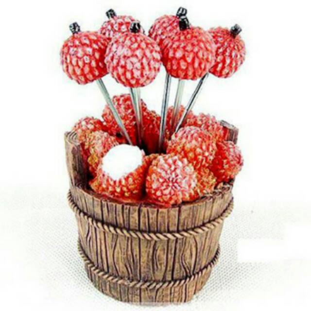 Lychee Fruit Cake Pick Fork Holder Set Garpu Kecil Tusukan Buah Kue Motif Leci Lucu Unik Home Decor