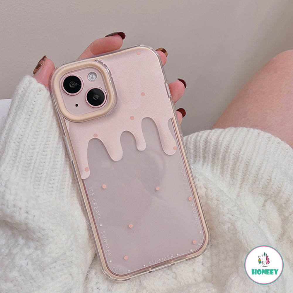 Soft Case TPU Transparan Bumper Karet Anti Slip Motif Es Krim Pink Meleleh Untuk Iphone Xr 7Plus 8Plus X XS 14 13 12 11 Pro Max