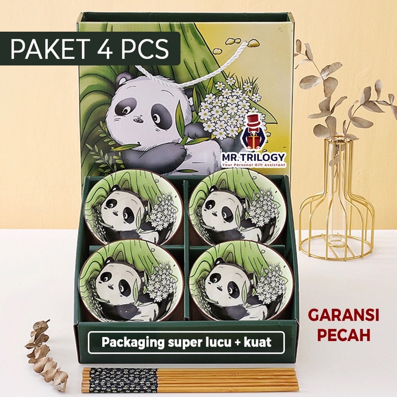 Hampers Mangkok Keramik Panda Hijau Jepang Gift Set Sumpit Estetik Hadiah Souvenir Pernikahan Bambu