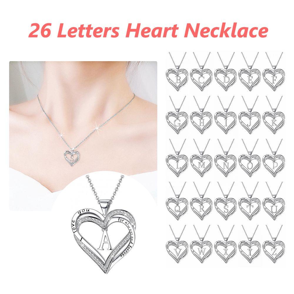 Kalung Hati Nanas Untuk Wanita Hadiah Dainty Inisial Cubic Zirconia Silver Plated Heart Pendant Necklace