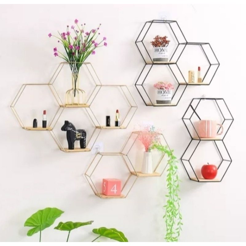 Rak Dinding Hexagonal Besi Dan Kayu 1set [4pcs] 3 Dimensi Berjajar