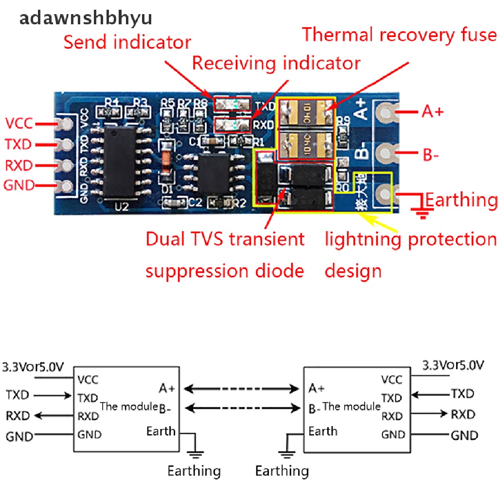 Adawnshbhyu Modul Fungsi converter UART serial port to RS485 Stabil RS485 to TTL module