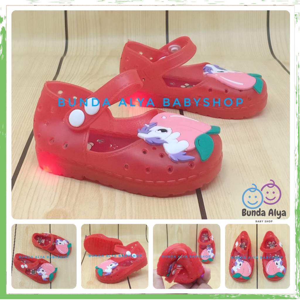 Sepatu Anak Perempuan Jelly LED Usia 6 Bulan Sampai 2 Tahun MERAH Sepatu Anak Cewek Motif Kuda Pony Lucu Sepatu Karet Elastis Bisa Menyala Size 18-23