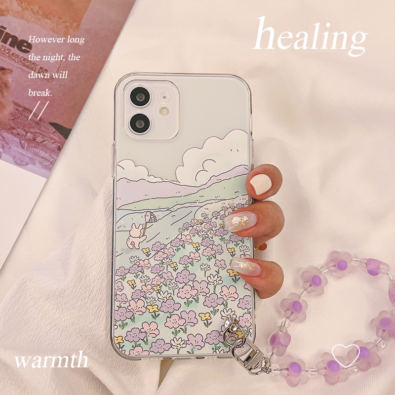 Soft Case TPU Transparan Motif Bunga Dengan Rantai Cover IPhone 14 13 7 8 SE 2020 7P 8Plus X XS XR 11 12 Mini Pro Max