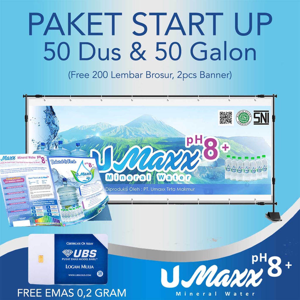 

Paket Start Up Umaxx (50 Galon Umaxx 19L & 50 Dus Umaxx 500ML)