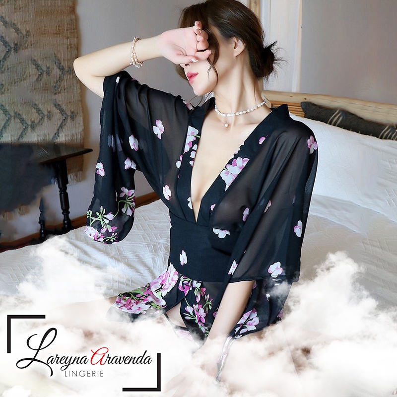 Lareyna Aravenda Set Lingerie + G String Seksi Kimono Sakura Lengan Lebar LG459