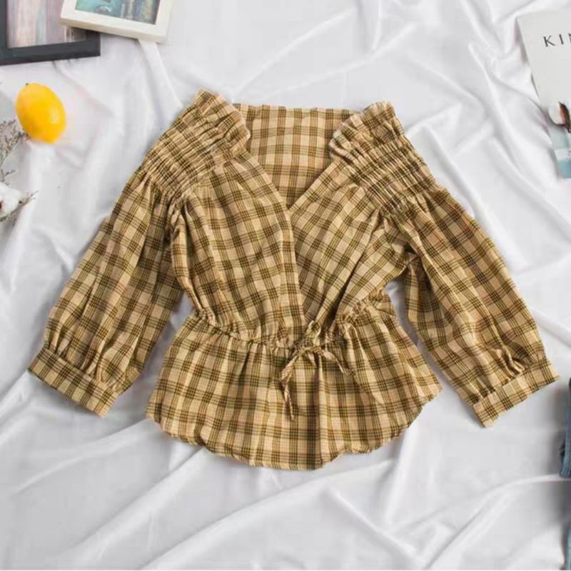 MDLV ~ 8289 PLAID ELASTIC WAIST PEPLUM TOP // ATASAN SABRINA LENGAN PANJANG // FASHION IMPORT WANITA