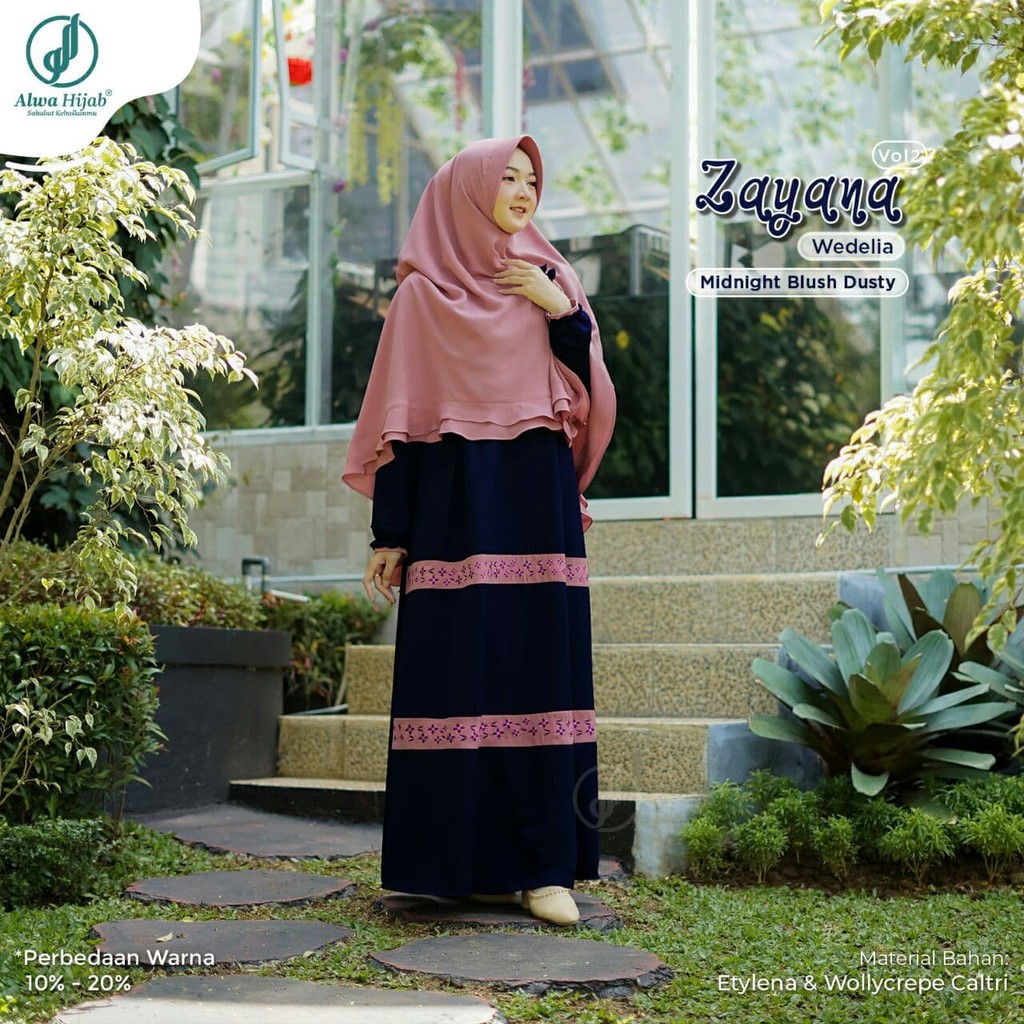 Baju Gamis Set Khimar Syari Alwa Hijab Ori -Gamis ZAYANA Set MIDNIGHT BLUSH DUSTY Original -COD