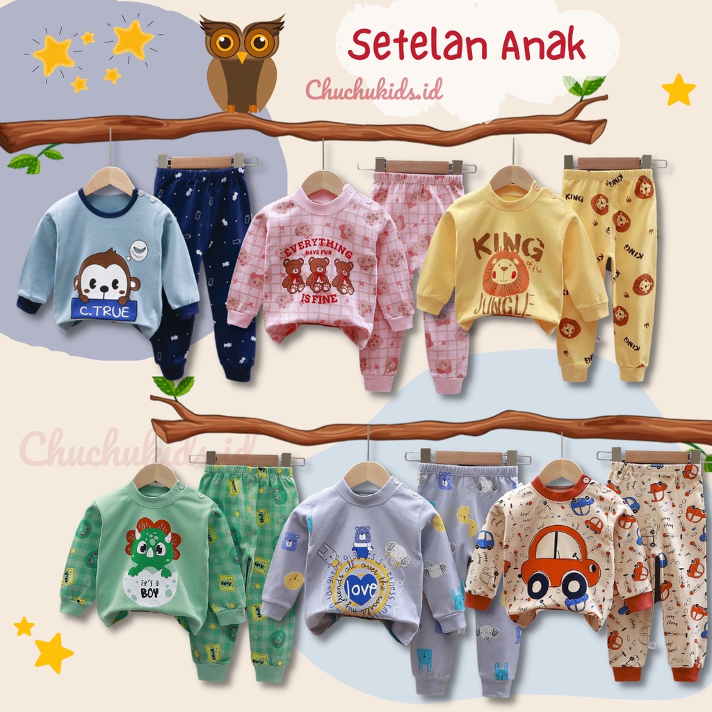 PROMO 12.12 Baju Setelan Anak celana panjang lengan panjang Piyama anak setelan baju tidur bayi laki laki perempuan (1-6 tahun)