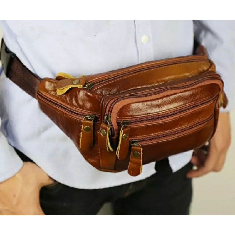 Tas Pria Best Seller New Arrival Tas Selempang Fashionable Cowok O4R2 Pinggang Waistbag Kulit sapi a