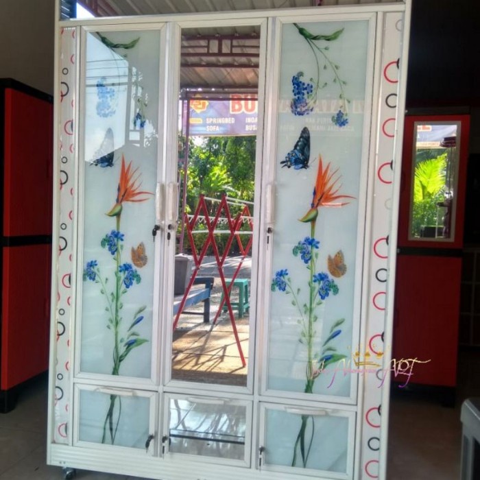 Almari Baju Pintu 3 Motif Bunga / Lemari Pakaian Bahan Alumunium