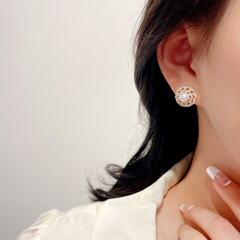 Shuling S925 silver needle Zircon Stud Earrings Cute Circle Earrings Female High Sense Pearl Earrings