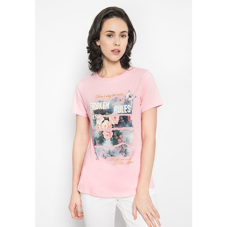 LGS - Kaos Wanita - Lengan Pendek - Motif Sablon Bunga  - Warna Pink - LTS.555.Q1079.012.C