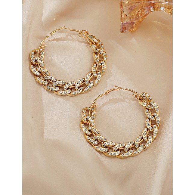 LRC Anting Tusuk Fashion Gold Color Thick Chain Diamond Hollow Geometric Alloy Earrings P09433