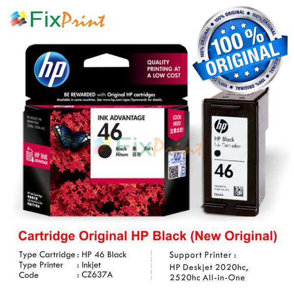 Cartridge Original HP 46 Black CZ637AA, Tinta Printer HP Deskjet 2020hc 2520hc All-in-One Murah