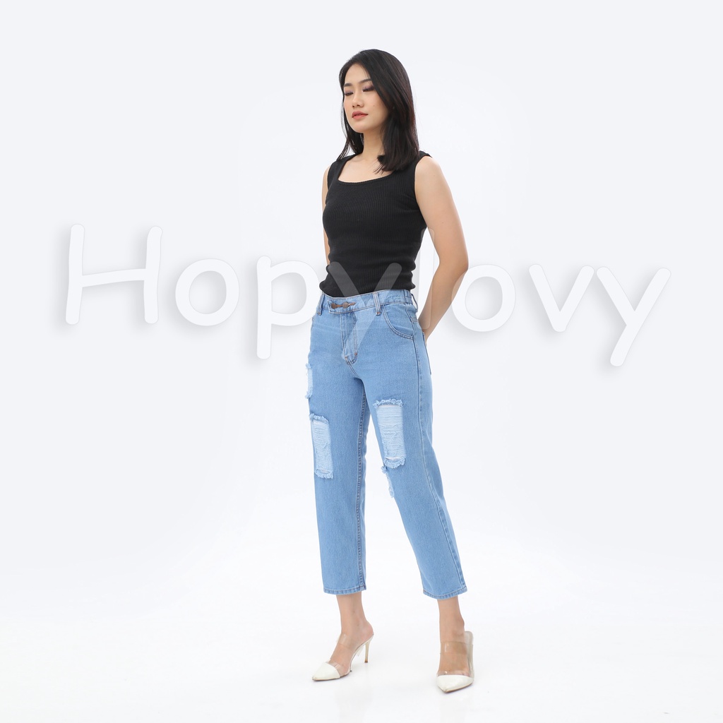 HOPYLOVY Celana Panjang Jeans Boyfriend Wanita Sobek Double Button BF Velania