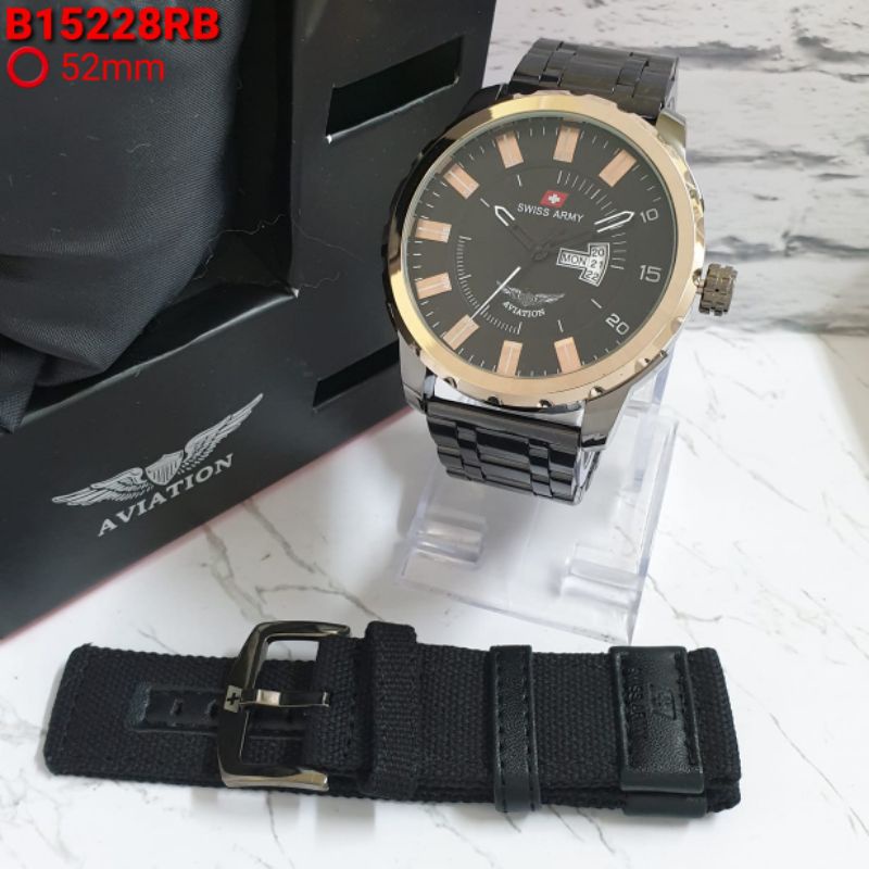 Jam tangan pria swis SA Aviation B15228P tanggal aktif Free tali kanvas