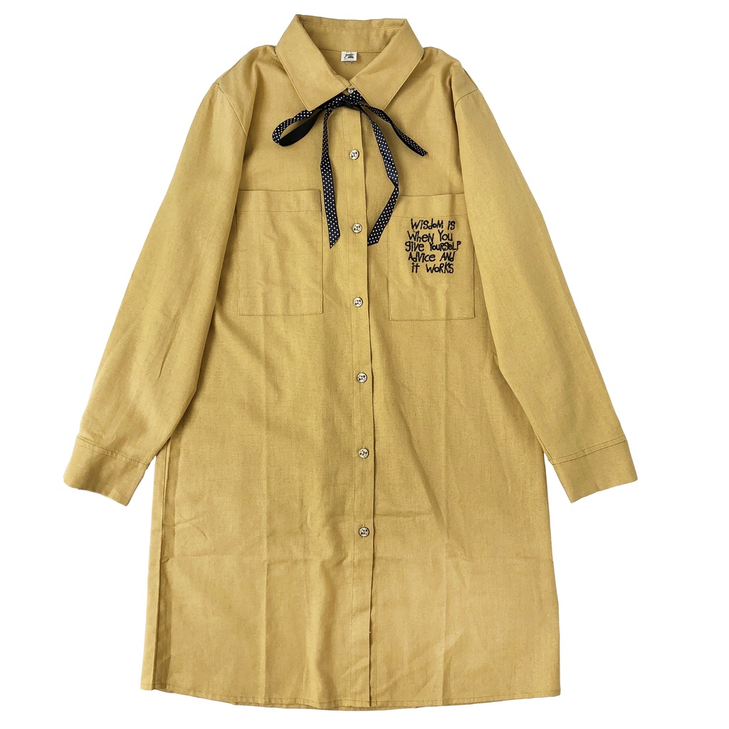 DRESS TUNIK KEMEJA LINEN KUNING KERAH PITA POLKA BORDIR TULISAN IMPORT