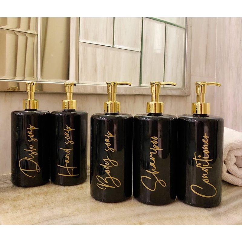 botol  HITAM GLOSSY N24 &amp; N28 500ml gold LUXURY. aesthetic bottle minimalist refill organizer tempat sabun cair pump estetik