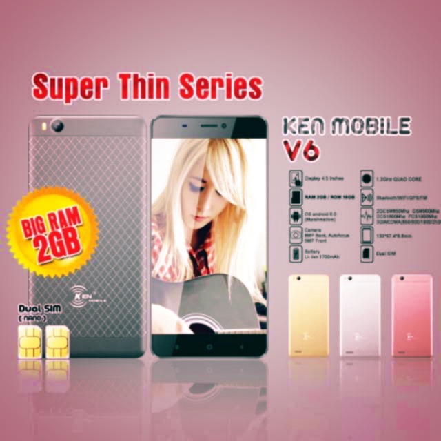 Ken Mobile V6 Ram 2GB Rom 16GB Bergaransi Resmi / Promo wiko / Evercoss / Hp Stawberry / Hp Asus /