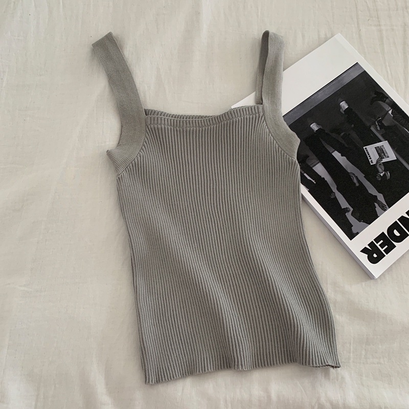 Feminin Tank Top Wanita Pakaian Atasan Tanktop Cewek Korea Rajut Square Neck Inner Wear-ABU-ABU