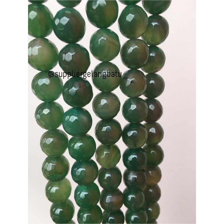 batu giok hijau FACETED 14mm cutting UKIR bahan tasbih rosario tasbeh bahan gelang kalung perkap