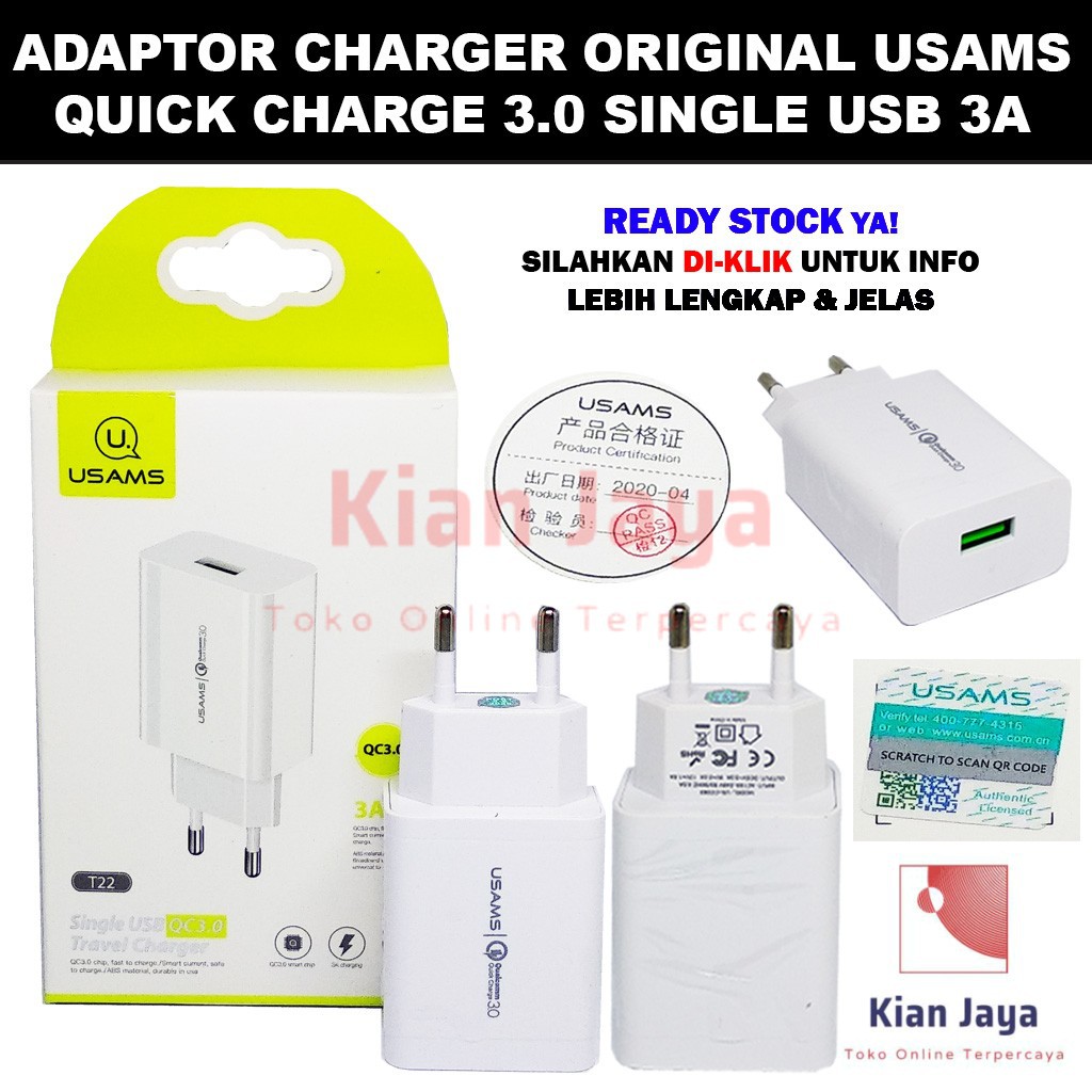 Charger usams T22 Single USB Quick Charger 3.0 Travel Adapter 3A 18W Original