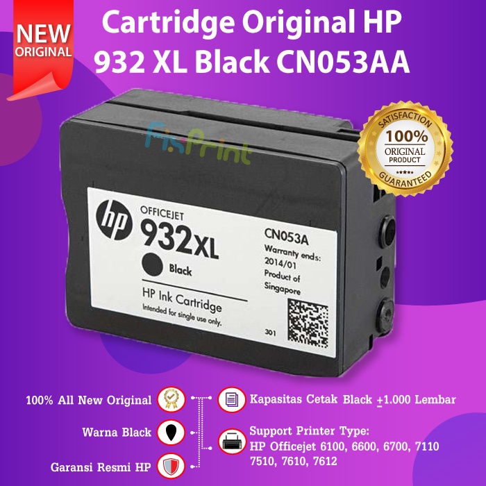 Cartridge Original HP 932XL 932 XL Black CN053AA Tinta Printer HP Office jet 6100 6600 6700 7110 7510 7610 7612