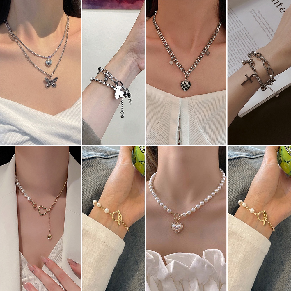 Kalung Multilayer Liontin Kupu-Kupu Aksen Mutiara Gaya Korea Untuk Wanita