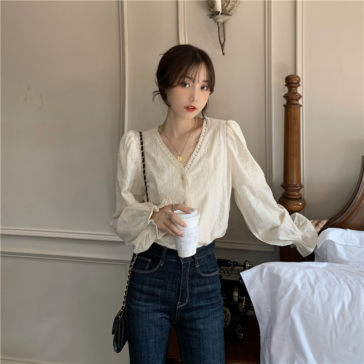 MOOGU ♡ V-neck aprikot kemeja wanita shirts atasan baju wanita korea