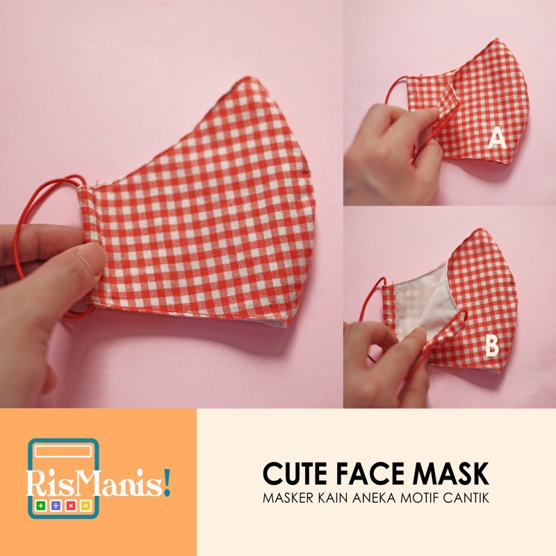 CUTE FACE MASK - Masker Kain Motif Kotak Merah Lucu Non-Medis Bahan Katun Jepang Premium Lembut