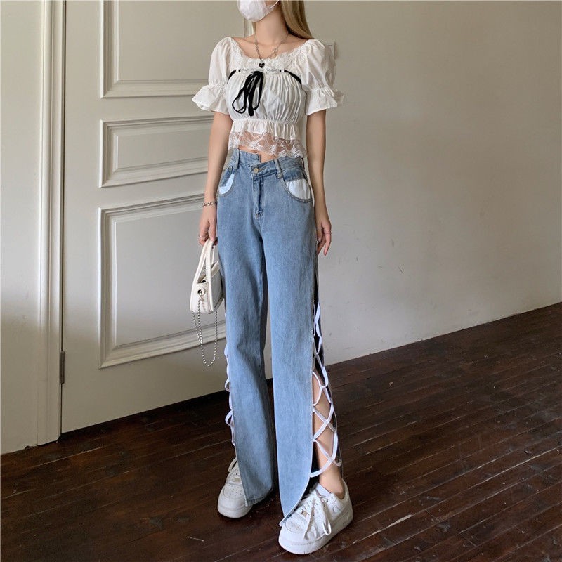 Suhao Musim panas Baru Vintage Hyun-ah Sisi Slip Celana Spice Girl Fried Street Jeans Celana Panjang Wanita Slim Fit Lebar Celana