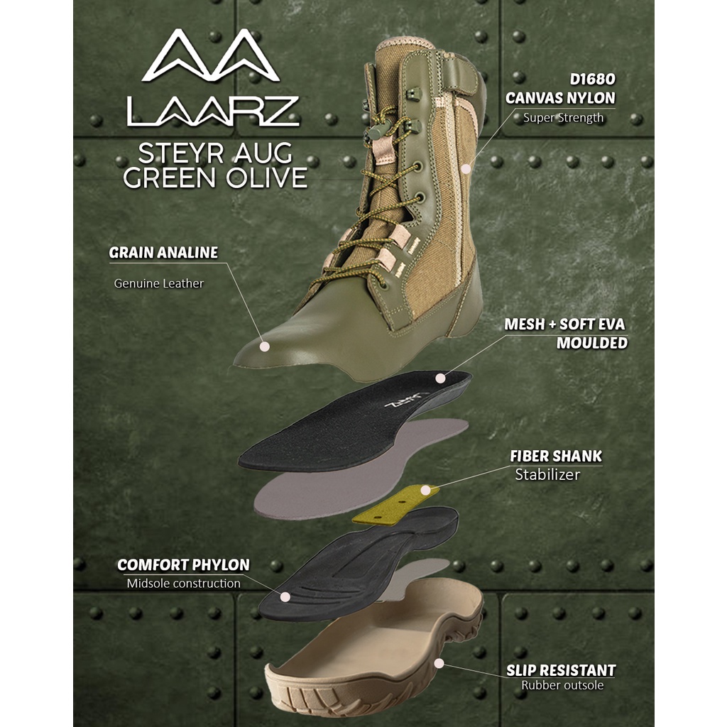 SEPATU BOOT TACTICAL / SEPATU PDL - LAARZ STEYR AUG (Green/Black) ORIGINAL ⭐⭐⭐⭐⭐