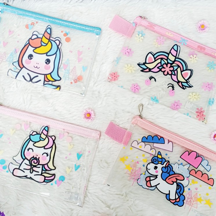 POUCH MIKA PLASTIK / Tempat makeup/ Tempat Pensil/ Pouch Organizer Unicorn