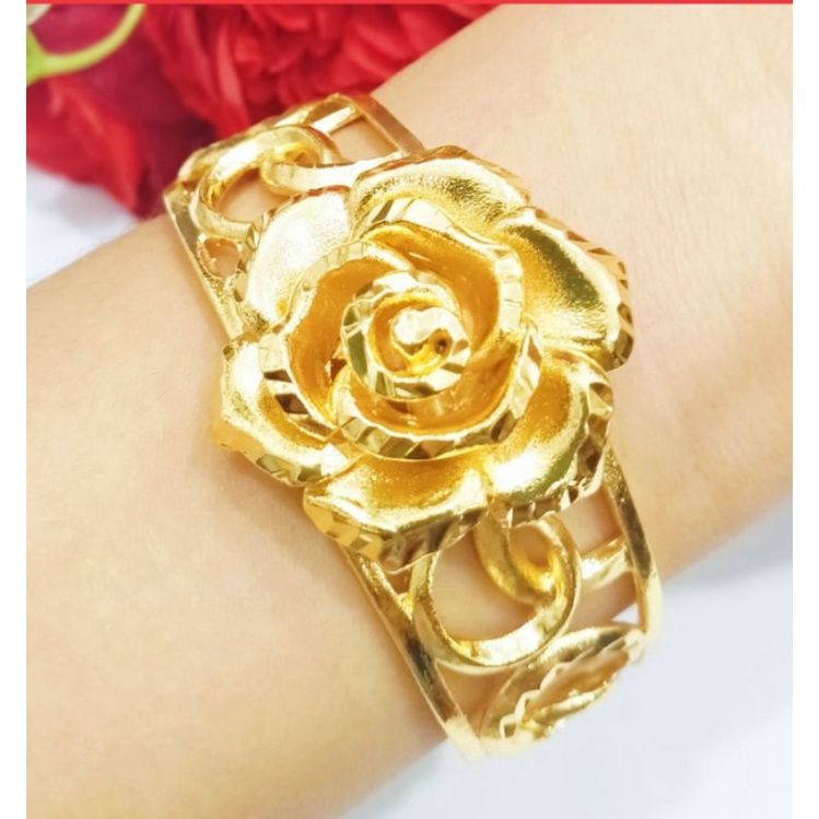 GELANG TANGAN WANITA DEWASA MOTIF BUNGGA UKIR JUMBO LAPIS EMAS 24 K ANTI KARAT TERBARU DARI RO-27 GELANG TANGAN TITANIUM MOTIF BUNGA UKIR JUMBO