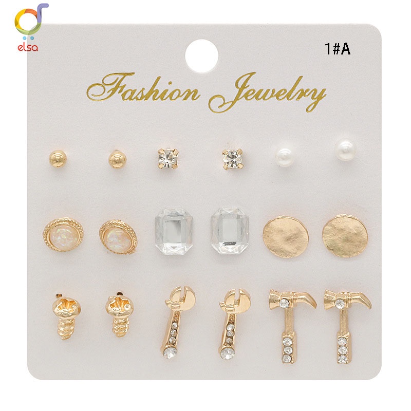 Elsa 9Pcs / Set Anting Wanita Tusuk Bentuk Bulat Hias Kristal Mutiara untuk Women Earrings