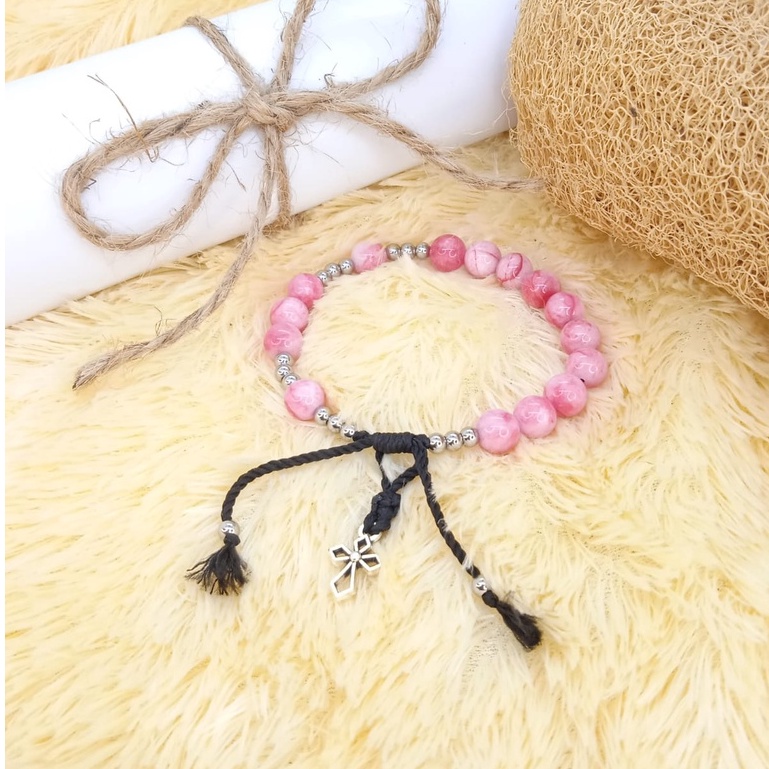 Gelang Rosario Batu Pink Burneo Manik Stainless