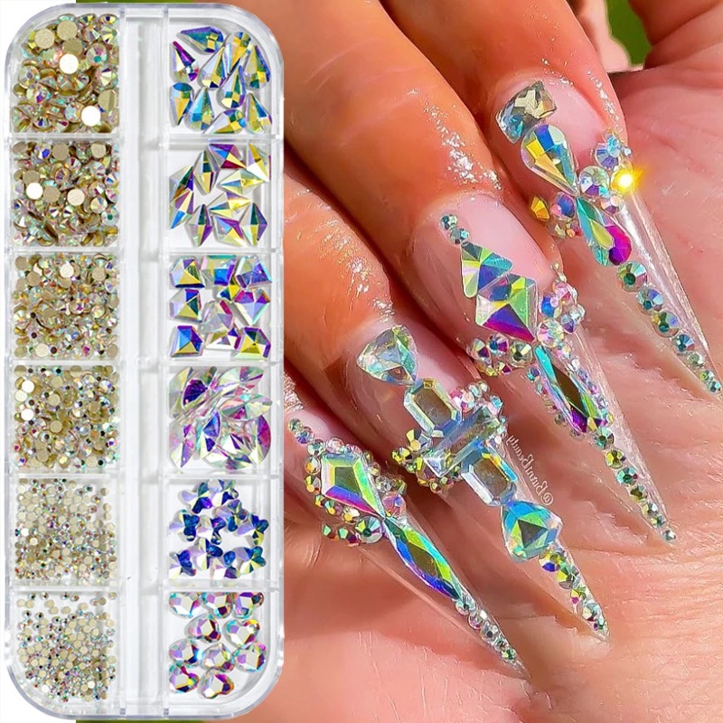 12 Kotak Kristal Berlian Imitasi Ab 3d Multi Ukuran Untuk Dekorasi Nail Art