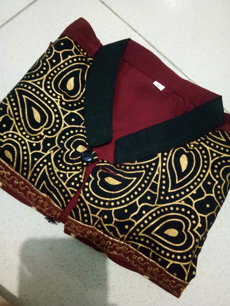 Cod - Dt Collection - Kemeja Batik Pria Cowok Muslim Bordir Kombinasi Gold Maroon Lengan Panjang