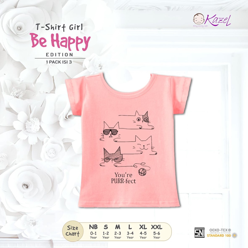 3pcs KAZEL TSHIRT BE HAPPY 1-6 Tahun Atasan Top Anak Perempuan Baby Girl