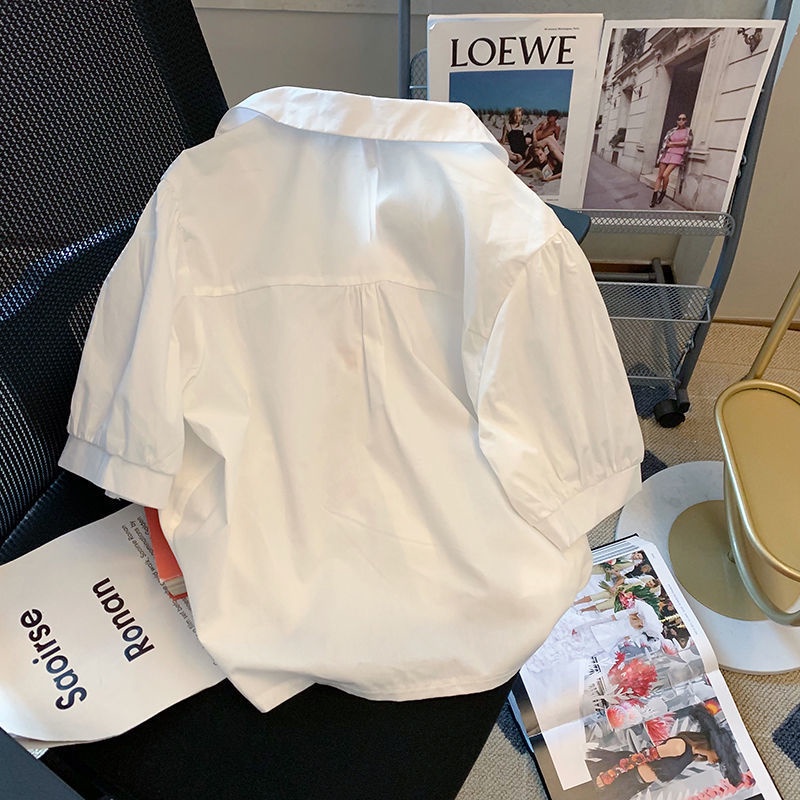 #Sisjuly# Desain bordir kemeja pendek wanita musim panas baru Perancis niche chic retro gaya Hong Kong atasan
