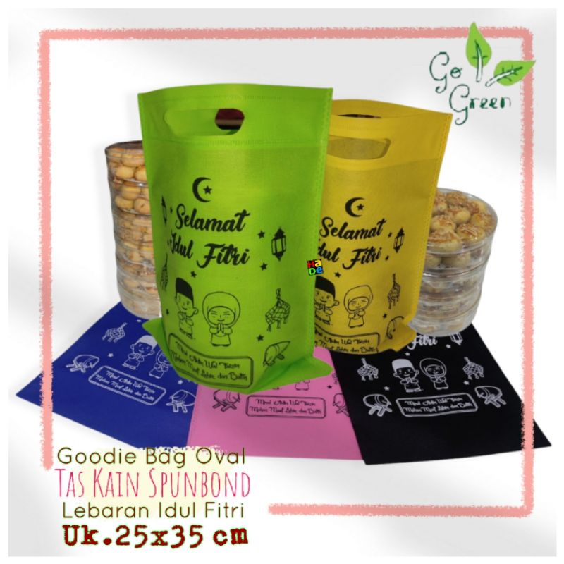 

Tas Kain Spunbond Goodie Bag Oval Tulisan Selamat Hari Raya Idul Fitri 2024 Untuk Kantong Belanja Lipat Bingkisan Snack Paper bag Kue kering Goody bag Hampers Tile Souvenir kecil anak custom sablon murah ramah lingkungan