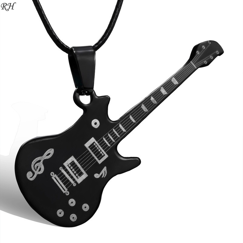 Kalung Rantai Kulit Liontin Gitar Bahan Stainless Steel Warna Hitam Untuk Pria