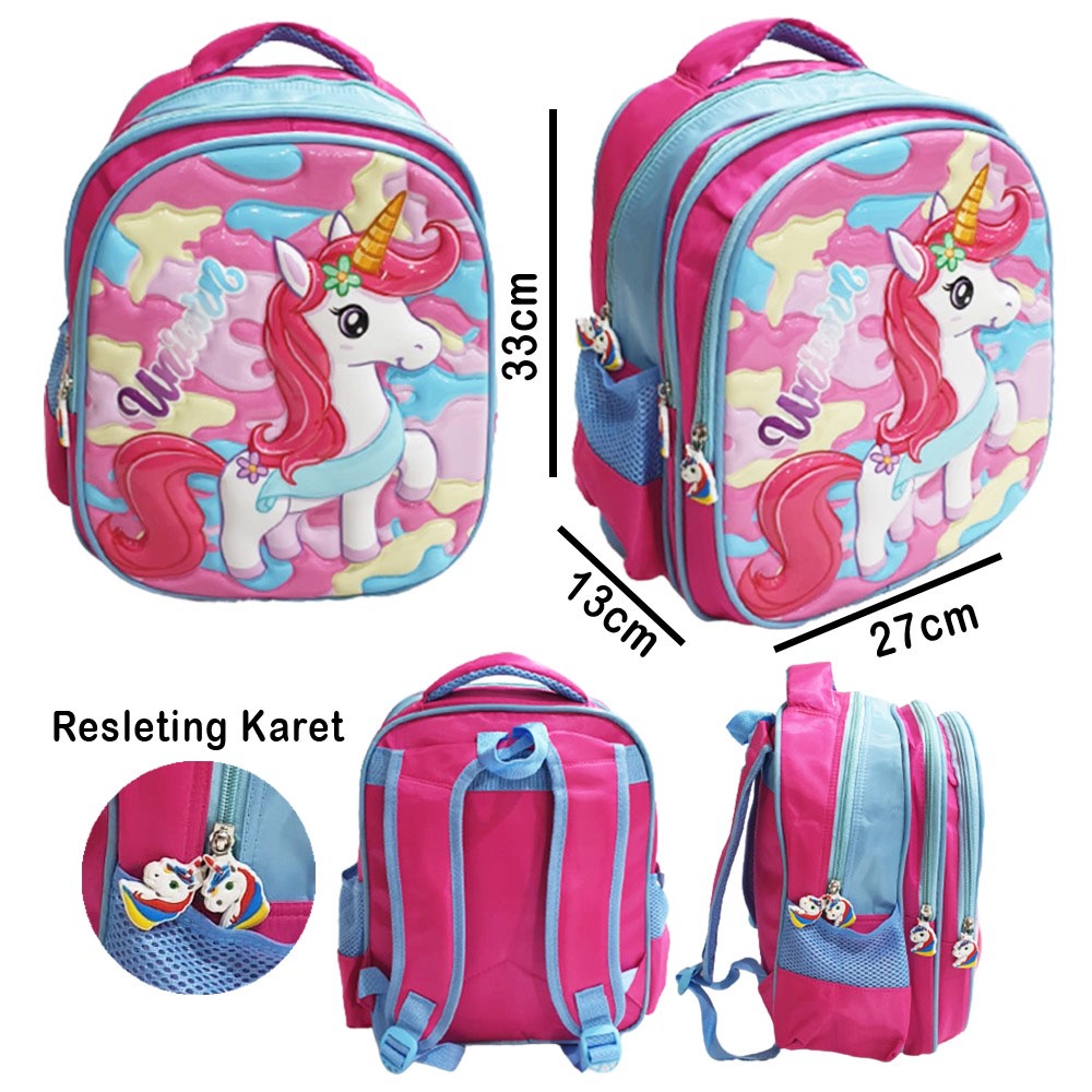 PROMO TTAS RANSEL ANAK SEKOLAH TK PEREMPUAN CANTIK GAMBAR PUTRI SALJU  DAN KUDA PONY TIMBUL GLOSSY 3Resleting IMPORT ( Lily 13&quot; )