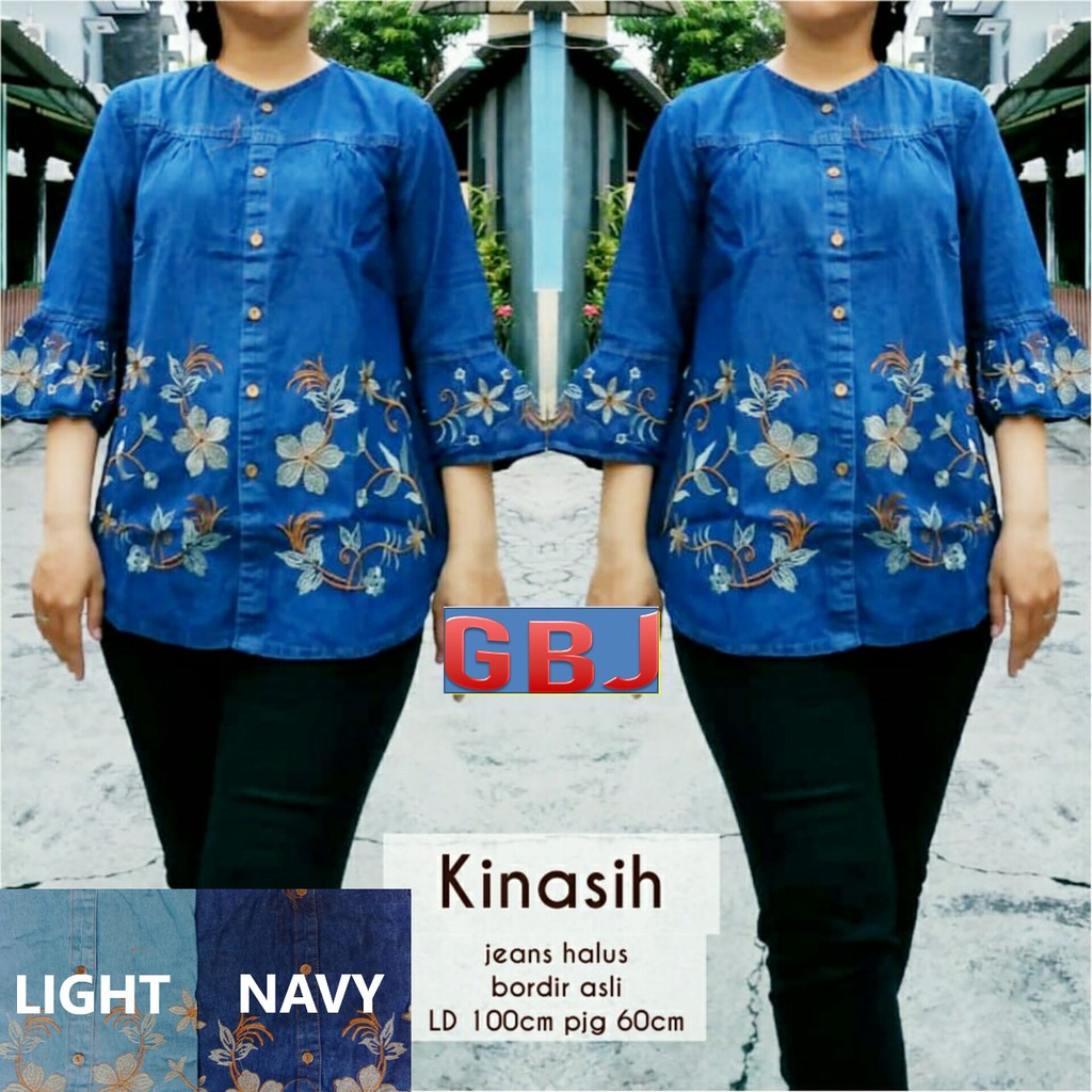 ERNITA BLOUSE KINASIH JEANS BORDIR BUNGA PUFF GBM