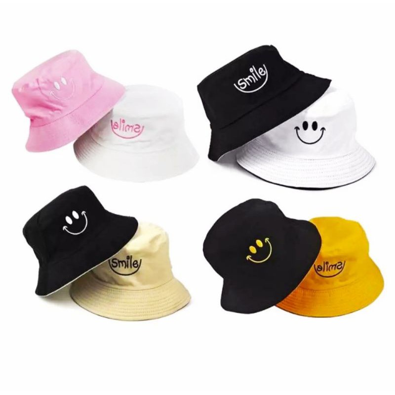 GFS Topi Bucket Hat Smiley / Bucket Hat Korea / Topi Bolak Balik Smile / Topi Kpop Unisex 110