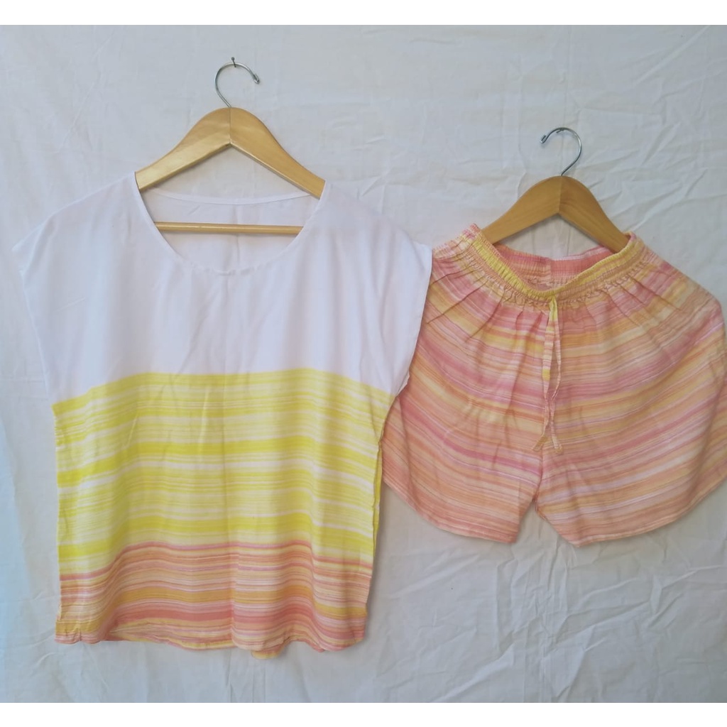 BAJU WANITA/ PAKAIAN PIYAMA  MOTIF SALUR GRADASI WARNA-SALUR ORANGE
